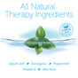 A mint leaf in clear water. Text: All Natural Therapy Ingredients. A badge says Made with Essential Oils, All Natural. San Francisco Salt Co's Epsom Salts - Everyday Muscle Soak has Epsom Salt, Eucalyptus, Peppermint, Vitamin E & Aloe Vera for soothing baths.