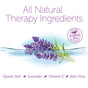 A sprig of lavender in water with the text: All Natural Therapy Ingredients for Epsom Salts - Everyday Sleep Formula by San Francisco Salt Co. Ingredients: Epsom Salt Soak, Lavender Essential Oil, Vitamin E, Aloe Vera. Seal: Made with Essential Oils, All Natural.