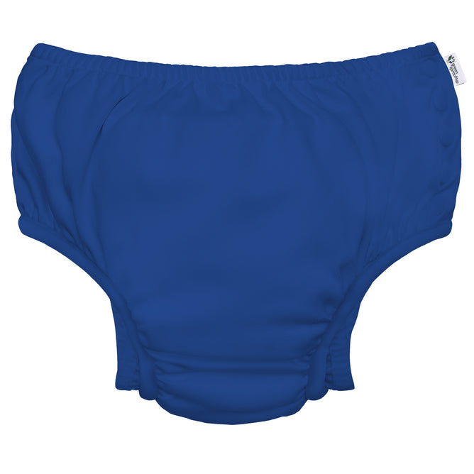 The Green Sprouts Eco Snap Swim Diaper is a bright blue cover for 12-month-olds (18-22 lbs), crafted from recycled polyester. It features an elastic waistband and leg openings, providing a smooth, snug fit for eco-conscious parents.