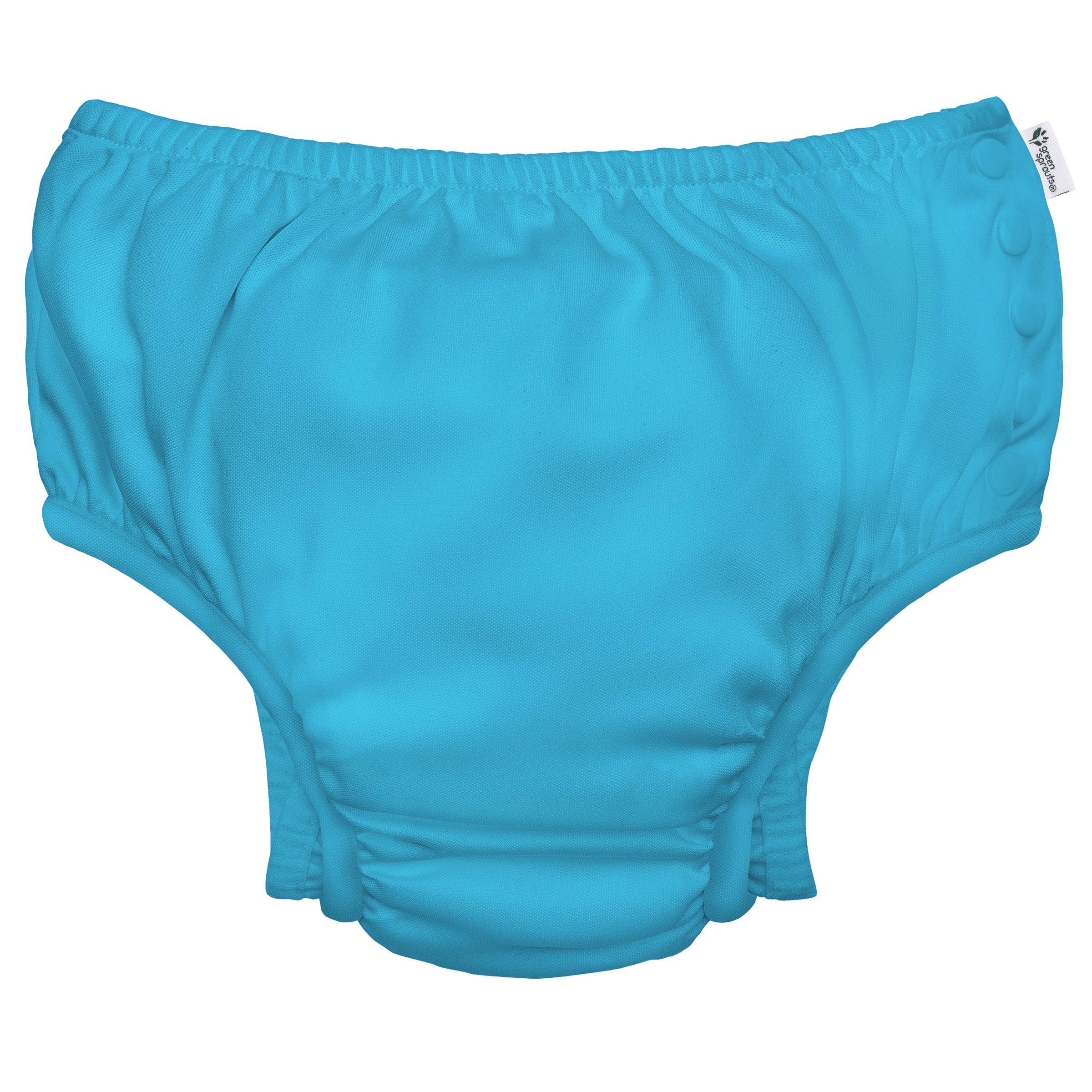 Green Sprouts Eco Snap Swim Diaper for 12 months (18-22 lbs) is crafted from recycled polyester in vibrant blue, featuring an elastic waist and leg openings. The smooth fabric includes side snaps for adjustable fitting, ensuring comfort and style.