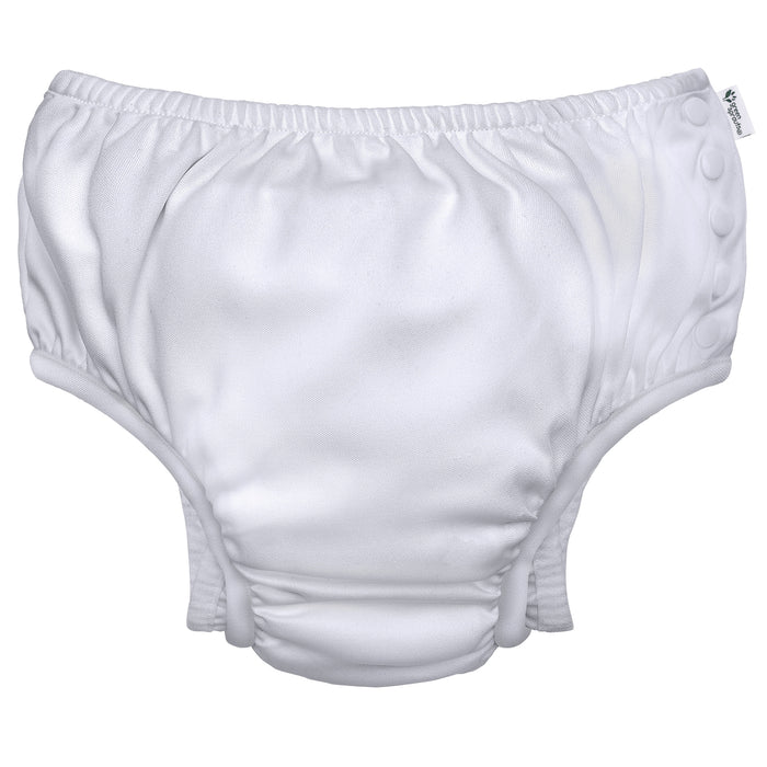 The Green Sprouts Eco Snap Swim Diaper, designed for 24-month-olds (24-28 lbs), is crafted from recycled polyester. It features button snaps on the side for easy adjustment and has an elastic waistband and leg openings, offering a smooth, comfortable fit for eco-conscious parents.