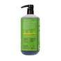 Alaffia’s EveryDay Coconut Body Wash comes in a bottle with a black pump dispenser and a green label displaying product details, sustainability icons, ingredient lists, and certifications. The label highlights its natural, ethical, and cruelty-free benefits and features fair trade shea butter and coconut as key ingredients.