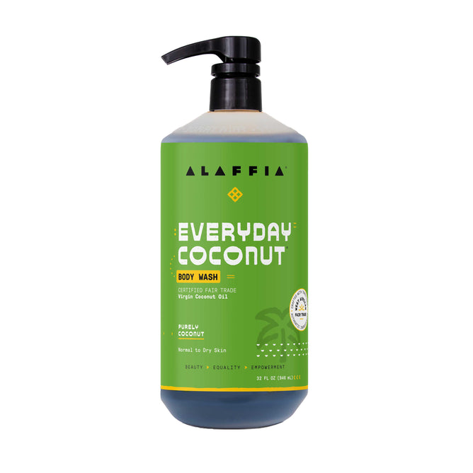 Alaffia EveryDay Coconut Body Wash comes in a large green bottle with a black pump top. The label features certified fair trade virgin coconut oil and nourishing shea butter, and indicates it is suitable for normal to dry skin.