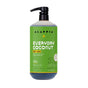 Alaffia EveryDay Coconut Body Wash comes in a large green bottle with a black pump top. The label features certified fair trade virgin coconut oil and nourishing shea butter, and indicates it is suitable for normal to dry skin.