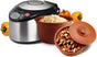 The VitaClay® Chef VITACLAY 7-IN-1 SMART ORGANIC MULTI-COOKER VM7900—a rice cooker, slow cooker, digital steamer, and bonus yogurt maker—stands ready on the countertop beside two clay bowls: one brimming with perfectly cooked rice, the other filled with a medley of beans and vegetables. Three vibrant yellow bell peppers surround the bowls, showcasing how this versatile multi-cooker effortlessly brings fresh ingredients together for wholesome meals.