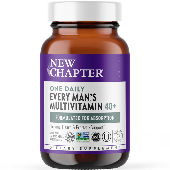 A brown bottle labeled “New Chapter Every Man’s One Daily 40+ Multivitamin,” highlighting absorption, energy, immune, heart & prostate support, and featuring organic and non-GMO certifications.