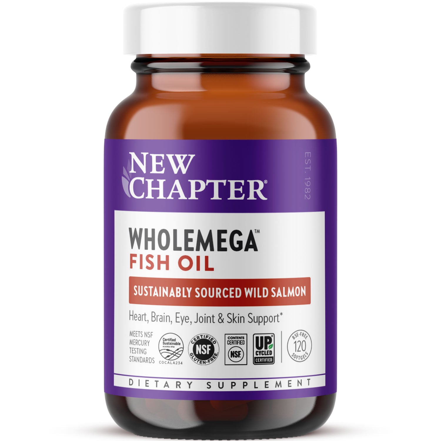 A brown bottle labeled New Chapter Wholemega™ Fish Oil—Sustainably Caught Wild Alaskan Salmon Oil with Omega-3—features a purple and white label with dietary supplement info and certification icons.