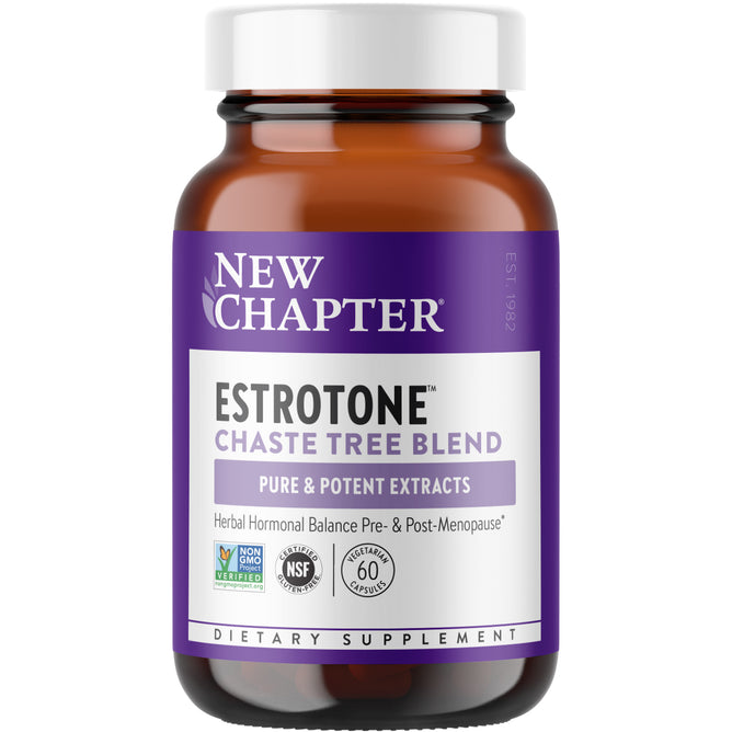 A brown bottle with a purple and white label reading New Chapter Estrotone™, a dietary supplement featuring Black Cohosh for hormone balance during perimenopause and menopause, 60 softgels.