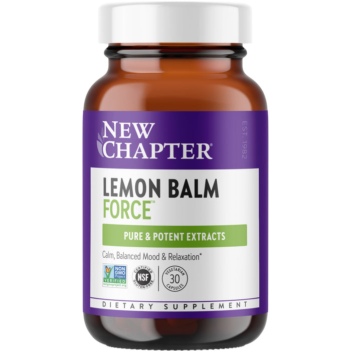 A brown bottle of New Chapter Lemon Balm Force Alertness, Focus & Healthy Mood Support features a purple and white label, emphasizing mood and relaxation benefits with a whole-food approach and certification logos.