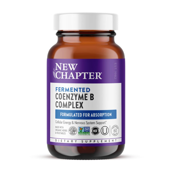 A brown bottle of New Chapter Fermented Coenzyme B Complex, Energy & Nervous System Support features 60 tablets of organic B vitamins with NSF, USDA Organic, and Non-GMO certifications on a purple and white label.