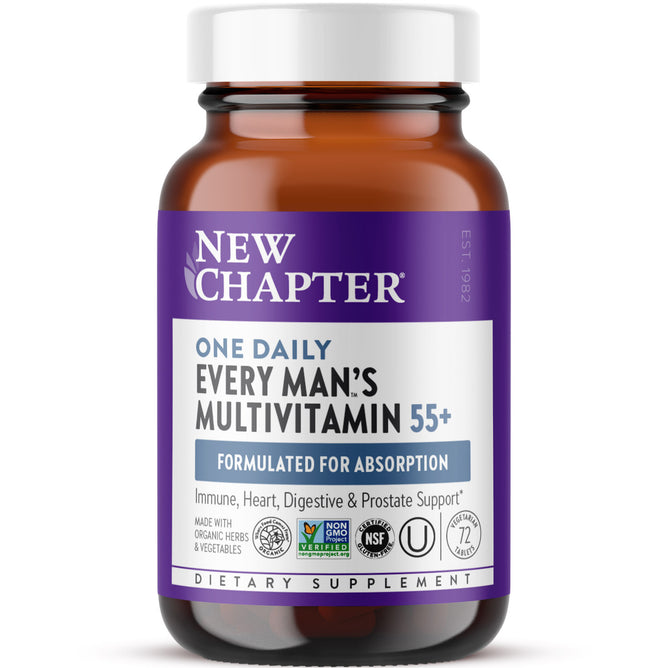 A brown bottle labeled New Chapter Every Man™s One Daily 55+ Multivitamin, formulated for men 55+, supports absorption and healthy aging; the purple and white label features icons for organic ingredients, non-GMO, and immune support.