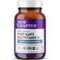 A brown bottle labeled New Chapter Every Man™s One Daily 55+ Multivitamin, formulated for men 55+, supports absorption and healthy aging; the purple and white label features icons for organic ingredients, non-GMO, and immune support.