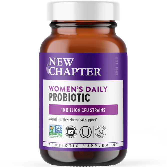 A brown bottle of New Chapter Womens Daily Probiotic features a purple and white label, highlighting 10 billion CFU strains for hormone balance and vaginal health support.