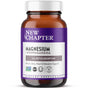 A brown bottle of New Chapter Magnesium + Ashwagandha, Muscle, Bone, Heart, Relaxation Support with a white cap and purple label, featuring 2.5x better absorption for relaxation and stress relief.