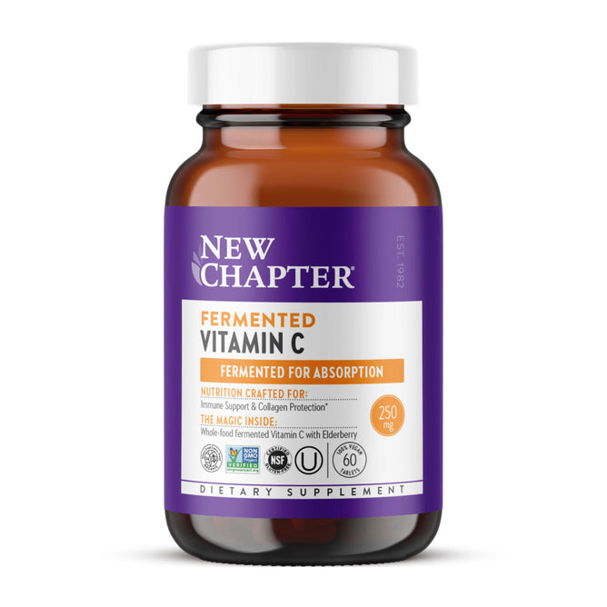 A brown bottle of New Chapter Fermented Vitamin C Supplement with a purple-white label and orange accents. Provides 250 mg fermented vitamin C per serving for antioxidant support. Contains 60 tablets.