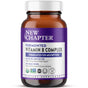 A brown bottle of New Chapter Fermented Vitamin B Complex with a white and purple label, certifications, and a white cap. This energy-supporting dietary supplement features fermented B vitamins.