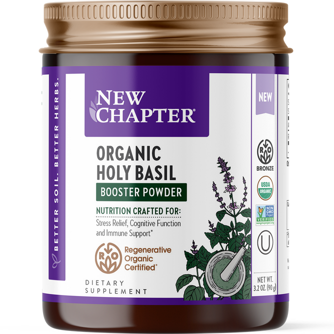 New Chapters Organic Holy Basil Booster Powder jar provides stress relief, cognitive support, and more as a USDA Organic, Non-GMO superfood. The jar contains 3.2 ounces.