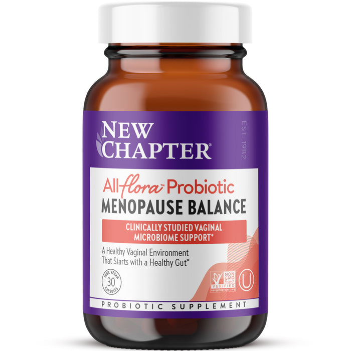 A New Chapter brown glass bottle labeled All Flora Probiotic Menopause Balance offers supplements for optimal probiotics supporting the vaginal microbiome and gut health, containing 30 vegetarian capsules with certification symbols on the label.