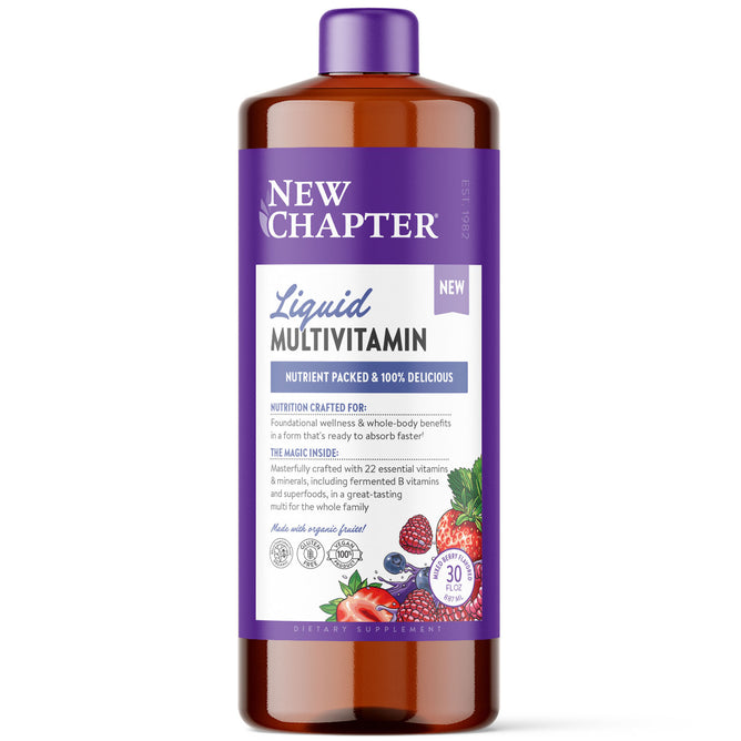 The New Chapter Liquid Multivitamin bottle, with a purple cap, features berry flavors and berry illustrations. It promotes nutrition with 22 essential vitamins and minerals, including fermented B vitamins.