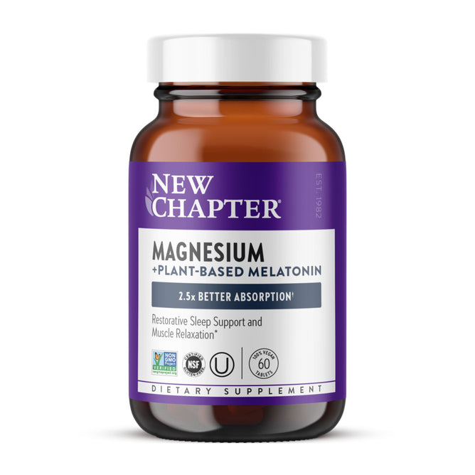 A brown bottle of New Chapter Magnesium + Melatonin dietary supplement features a purple and white label, highlights tomato-derived melatonin for restorative sleep, 2.5x better absorption, and contains 60 tablets.