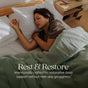 A woman sleeps peacefully in bed under a green blanket, with text: Rest & Restore. New Chapter Magnesium + Melatonin is a sleep aid for adults, featuring tomato-derived melatonin for restorative sleep support without next-day grogginess.