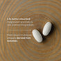 Two white tablets of New Chapter Magnesium + Melatonin on a wood grain background, featuring 2.5x better-absorbed sea-sourced magnesium for muscle relaxation and plant-based melatonin from tomatoes for natural adult sleep support.