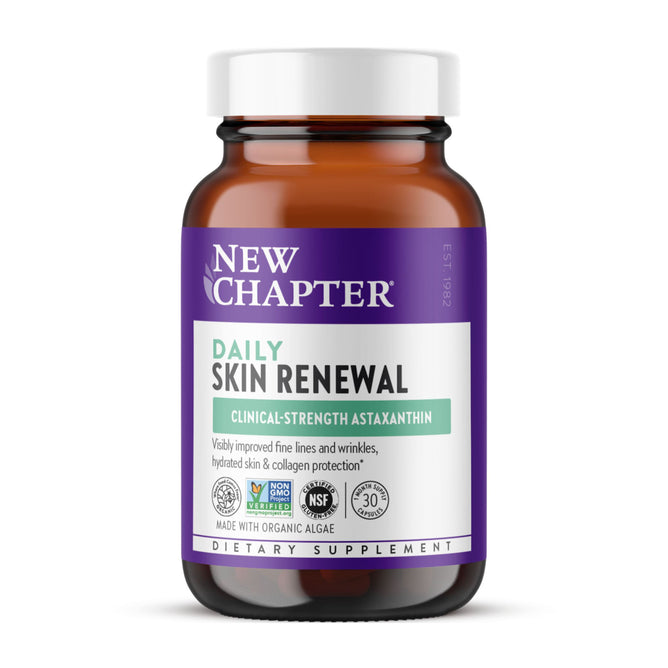 A brown bottle labeled New Chapter Daily Skin Renewal, a dietary supplement with clinical-strength astaxanthin for skin hydration, displays NSF and Non-GMO Project Verified certifications on the front.