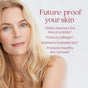 A blonde woman with fair skin and blue eyes looks at the camera beside text highlighting New Chapter Daily Skin Renewal’s benefits: hydrates skin, reduces fine lines, protects collagen, and supports skin renewal.