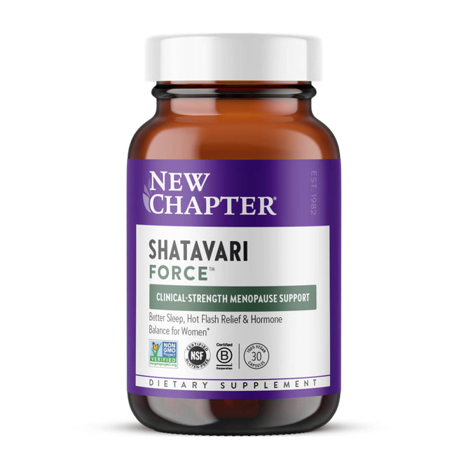 New Chapter Shatavari Force, in a brown bottle, is a dietary supplement for women that supports menopause relief, sleep quality, hot flash reduction, and hormone balance. The label features certification logos and benefit highlights.