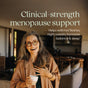 A smiling middle-aged woman with long hair and glasses enjoys a cup in a cozy living room. Text: “Shatavari Force by New Chapter—clinical-strength menopause relief for hot flashes, night sweats, hormone balance, and sleep.”.