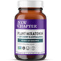 A brown glass bottle labeled “New Chapter Plant Melatonin + Tart Cherry & Ashwagandha Tablet” highlights “No next-day grogginess,” showing this sleep aid supplement is plant-based and features certification icons.