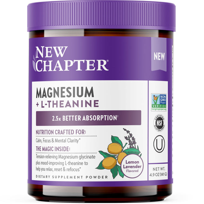 A jar of New Chapter Magnesium + L-Theanine Powder, lemon lavender flavor, featuring 2.5x better absorption and supporting focus, calm, and mental clarity.