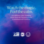 Text on a blue and purple gradient reads: Watch the magic. Feel the calm. New Chapter's Magnesium + L-Theanine Powder mixes color-changing lemon-lavender flavor, monkfruit sweetness, and relaxation support. Certification logos appear at the bottom.