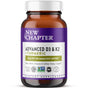 A bottle of New Chapter Advanced D3 & K2 + Turmeric Capsules - for Bone, Heart, Immune & Cellular Energy Support with a purple and white label, 5000 IU D3, inflammation support claims, and certification logos.