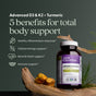 A bottle of New Chapter Advanced D3 & K2 + Turmeric Capsules - for Bone, Heart, Immune & Cellular Energy Support sits on wood. Text lists five benefits—now with vitamin D3 5000 IU and K2 MK-7 for total body support.
