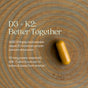A yellow pill on a wood surface beside text highlighting the benefits of New Chapter Advanced D3 & K2 + Turmeric Capsules for calcium absorption and bone health.