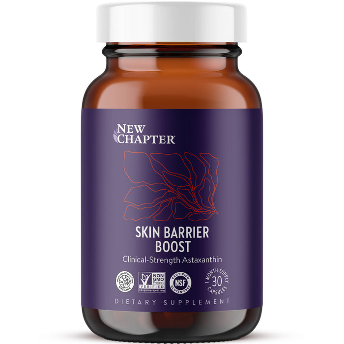 A brown bottle of New Chapter Skin Barrier Boost Capsules - with Clinical-Strength Astaxanthin for Fine Lines features a purple floral label and certification logos. Contains 30 capsules to support skin elasticity.