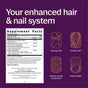 A supplement facts label for Hair & Nail Defense Capsules - with Biotin for Healthy Hair Growth by New Chapter, featuring icons for strong nails, healthy hair, keratin, scalp health & fermented biotin on a purple background.