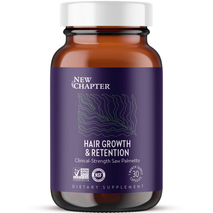 A brown bottle of New Chapter Hair Growth & Retention Capsules - Promote Natural Hair Growth and Scalp Vitalty features a purple label, white cap, certification logos, 30 vegan capsules, and DHT blockers like saw palmetto.