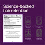 Supplement facts label for New Chapter Hair Growth & Retention Capsules - Promote Natural Hair Growth and Scalp Vitalty with icons: supports hair retention, nourishes scalp with saw palmetto DHT blocker, stronger anchoring, fuller hair.