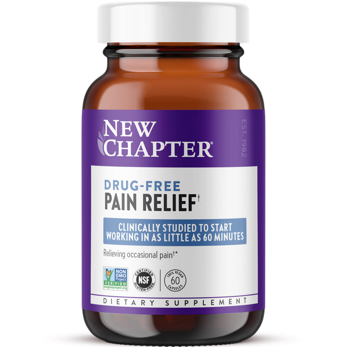 A bottle of New Chapter Drug-Free Pain Relief Capsules - for Aches, Soreness & Discomfort contains 60 tablets and is clinically studied to relieve neck pain fast, with turmeric formula.