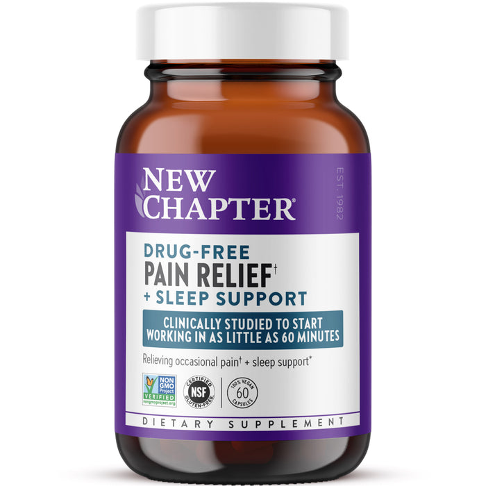 A brown bottle with a white cap labeled Drug-Free Pain Relief + Sleep Support Capsules - for Aches, Soreness & Discomfort plus Melatonin by New Chapter. Highlights include sleep support, pain relief, non-GMO, and NSF certified.