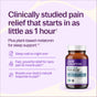 A bottle of Drug-Free Pain Relief + Sleep Support Capsules - for Aches, Soreness & Discomfort plus Melatonin is shown with text highlighting its pain relief, melatonin, and sleep support benefits on a light purple background.