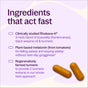 Text graphic shows fast-acting ingredients in New Chapter Drug-Free Pain Relief + Sleep Support Capsules - for Aches, Soreness & Discomfort plus Melatonin: Rhuleave-K blend, plant-based melatonin, and regeneratively farmed turmeric.