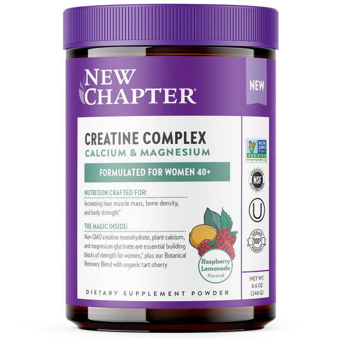 A jar of New Chapter Creatine Complex Powder with Magnesium and Plant Based Calcium formulated for Women 40+, raspberry lemonade flavor, supports muscle recovery; Non-GMO, NSF certified, and Kosher.