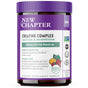 A jar of New Chapter Creatine Complex Powder with Magnesium and Plant Based Calcium formulated for Women 40+, raspberry lemonade flavor, supports muscle recovery; Non-GMO, NSF certified, and Kosher.