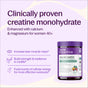 A jar of New Chapter Creatine Complex Powder with Magnesium and Plant Based Calcium formulated for Women 40+, clinically proven for muscle recovery, strength, energy, and vitality. Icons highlight strength and muscle support.