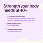 Text graphic titled Strength your body needs at 40+ features New Chapter Creatine Complex Powder with Magnesium and Plant Based Calcium formulated for Women 40+, supporting muscle recovery, bone health, and energy. Abstract shapes in background.