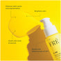 A yellow bottle of FRÉ Skincare’s C ME 10% Vitamin C Serum with a pump is shown on a vibrant yellow background. Highlights: reduces dark spots, evens skin tone, brightens skin, and boosts the effectiveness of SPF.