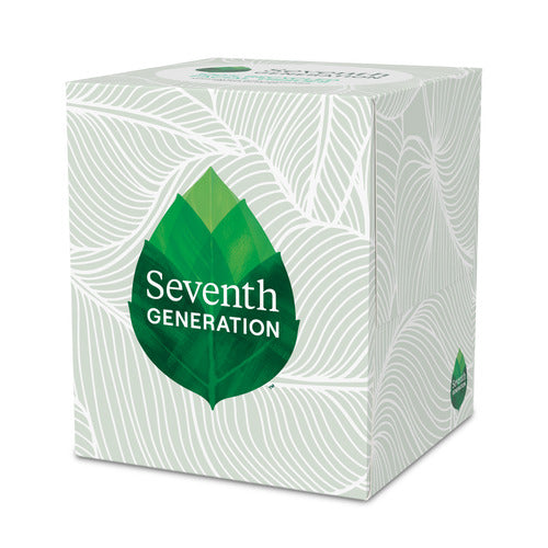A cube-shaped box features a green leaf logo with Seventh Generation Facial Tissue text. Made from 100% recycled paper, its light green background is decorated with white leaf outlines, highlighting its hypoallergenic design.